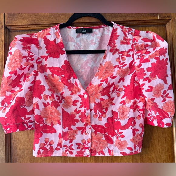 Lulu’s Vacay Dreams Blush Pink Floral Print Button Up Crop Top- Small - Picture 3 of 7